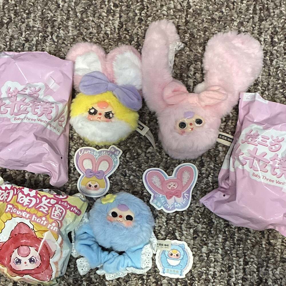 Lot of 3 baby three bunny plush face 2 vanity mirror v2 1 blue hair tie new